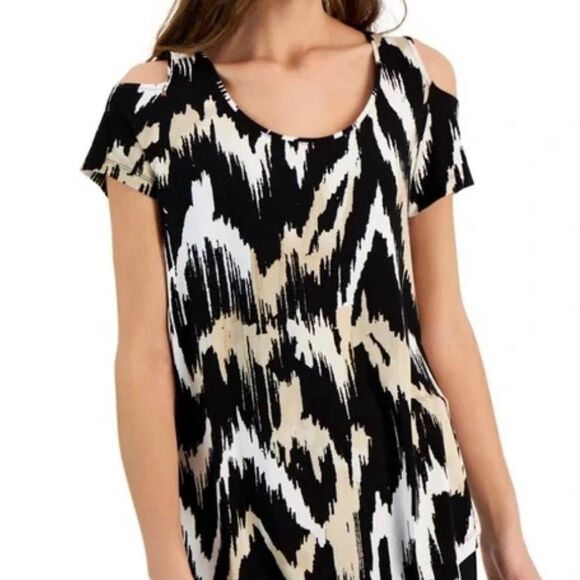 Cable & Gauge, Cold Shoulder Animal Print V-neck T-Shirt, Women’s Medium - Picture 2 of 8